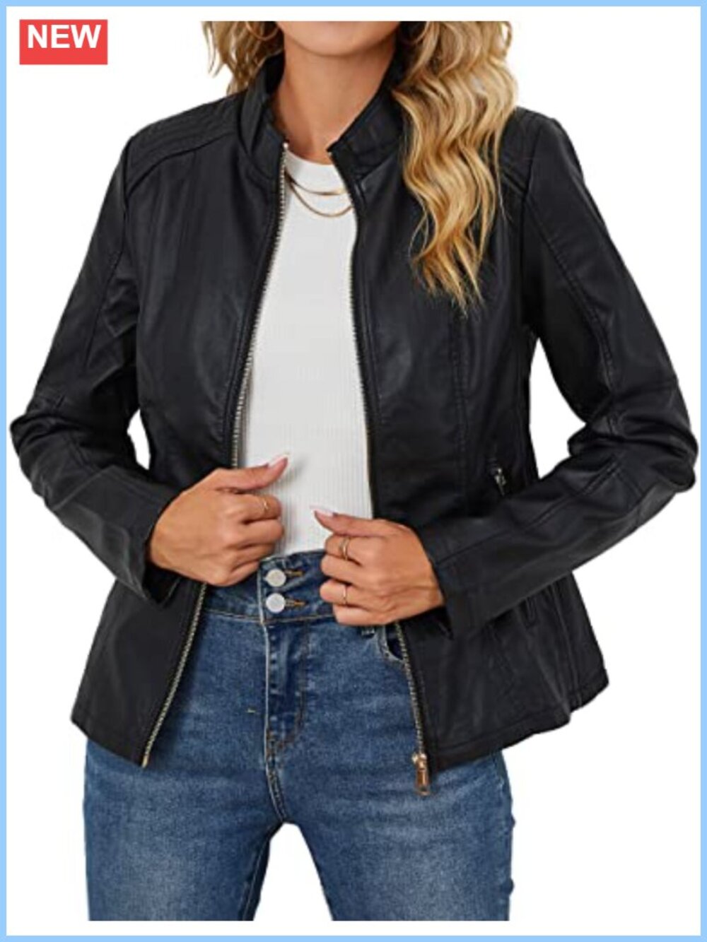 Women's Faux Leather Moto Jacket - Stand Collar Zipper